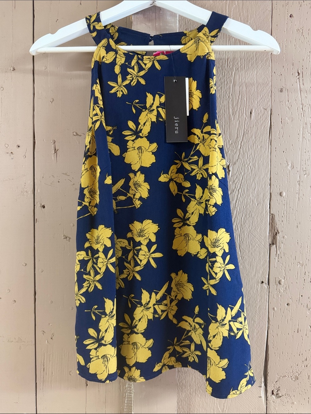 Jieru from Versona Navy Floral Halter Tank Top with Yellow Bloom Print